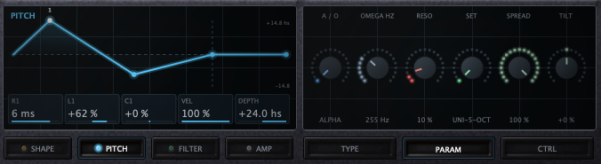 Pitch envelope and harmonic filter parameters